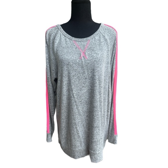 Pep In My Step Stripe Pullover Top- Heather Grey with Neon Pink‎ Stripes - Picture 2 of 8